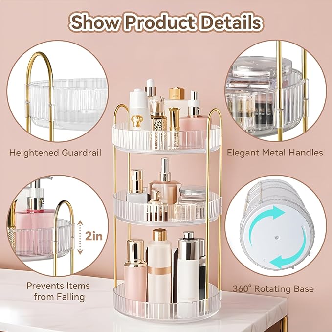 360° Rotating Makeup Organizer for Vanity, 3 Tier Perfume Organizers Skincare Organizers and Storage for Bathroom Countertop, Spinning Cosmetic Organizer for Bedroom Dresser Counter (Clear)