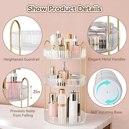 360° Rotating Makeup Organizer for Vanity, 3 Tier Perfume Organizers Skincare Organizers and Storage for Bathroom Countertop, Spinning Cosmetic Organizer for Bedroom Dresser Counter (Clear)