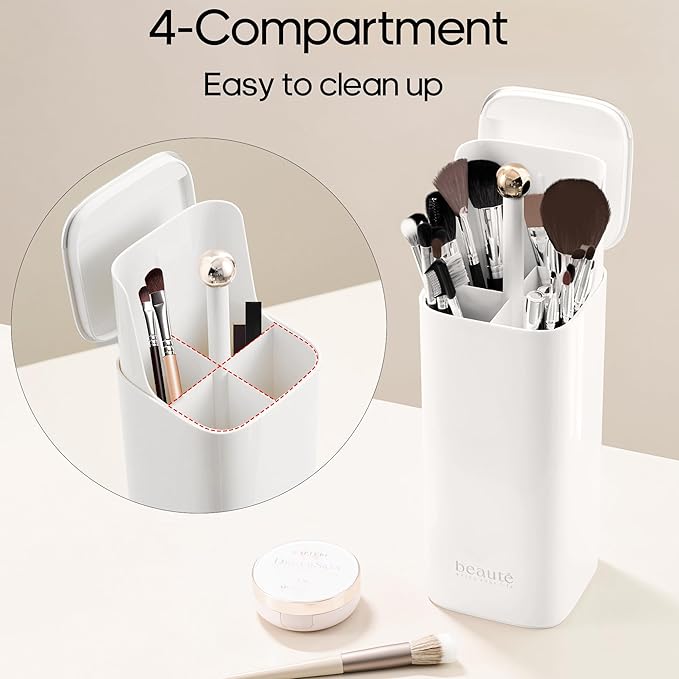 Osuke Makeup Brush Holder with Lid Cosmetic Tools Organizer,One Touch Open 4 Slot Makeup Brush Case with Waterproof Dustproof, Cosmetic Storage for Dresser Vanity and Bathroom Countertop
