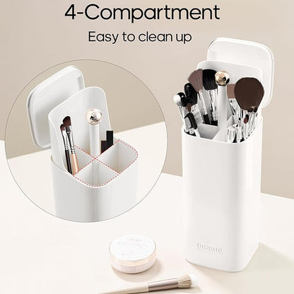 Osuke Makeup Brush Holder with Lid Cosmetic Tools Organizer,One Touch Open 4 Slot Makeup Brush Case with Waterproof Dustproof, Cosmetic Storage for Dresser Vanity and Bathroom Countertop