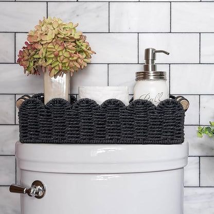 CubesLand Bathroom Basket Organizer, Toilet Tank Paper Storage Baskets 2-Pack, Scalloped Decorative Basket for Countertop w/Handle, Wicker Basket for Bathroom Decor, Home Decor, Living Room, Black