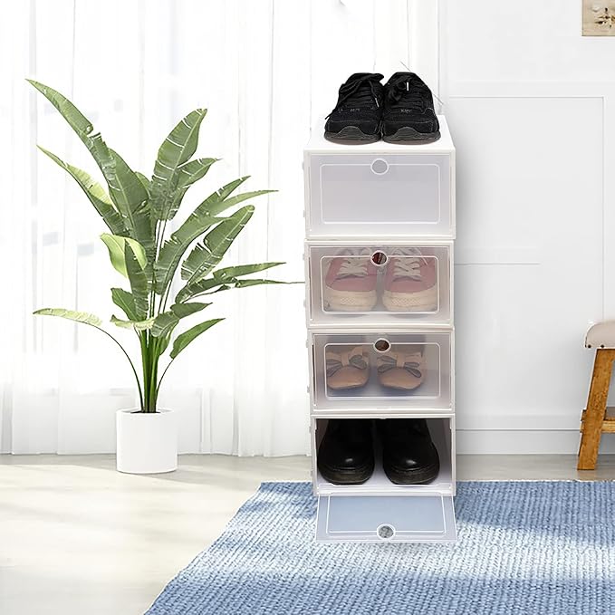 20Pcs Clear Plastic Stackable Foldable Shoe Storage Boxes, Front Opening Shoe Sneaker Holder Containers