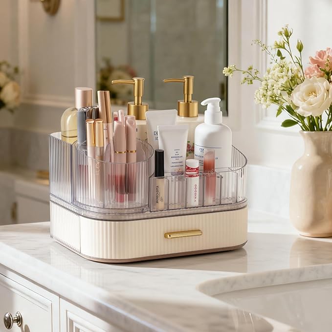 Delamu Makeup Organizer for Vanity with Stackable Drawer, 360 Rotating Makeup Brush Holder, Large Cosmetic Organizer with Tiered Storage for Skincare, Lipstick, Eyeshadow Brushes, Perfume, White