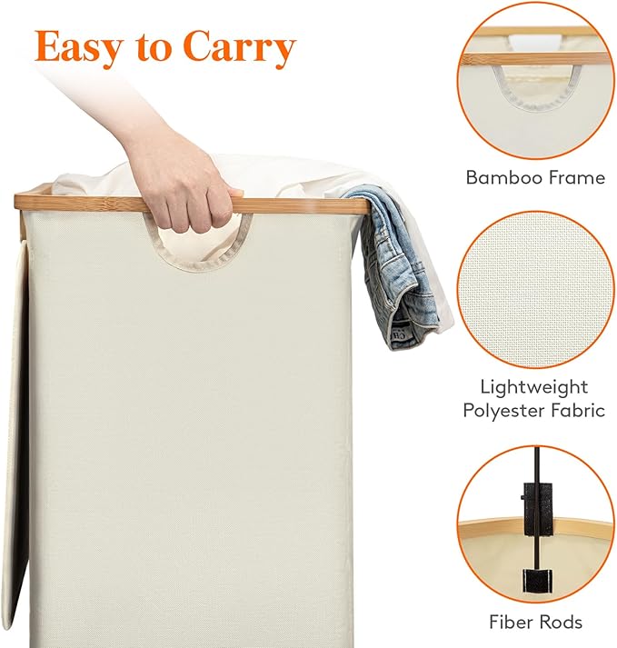 Lifewit 170L Double Laundry Hamper with Lid, Large Laundry Basket with Removable Bag & Bamboo Handles, Fodable Tall Dirty Clothes Hamper for Laundry Collapsible Bin for Bathroom Bedroom Dorm, Beige