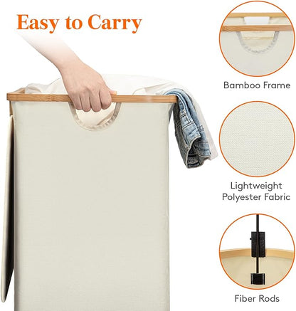 Lifewit 170L Double Laundry Hamper with Lid, Large Laundry Basket with Removable Bag & Bamboo Handles, Fodable Tall Dirty Clothes Hamper for Laundry Collapsible Bin for Bathroom Bedroom Dorm, Beige