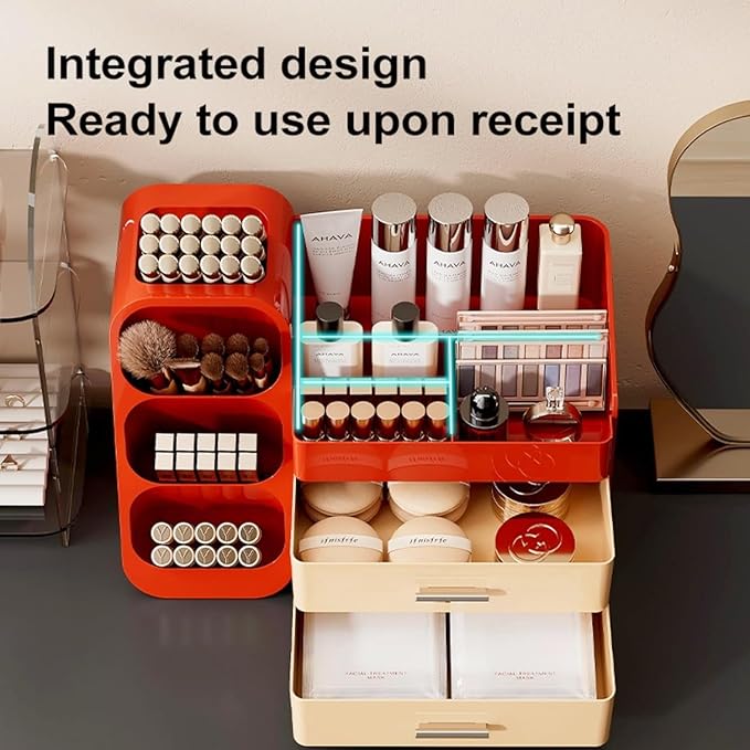 Makeup Organizer with Drawers,Large Capacity Countertop Organizer for Vanity,Bathroom and Bedroom Desk Cosmetics Organizer,Easy To Storage Skincare,Brushes,Lotions (Red and Cream)