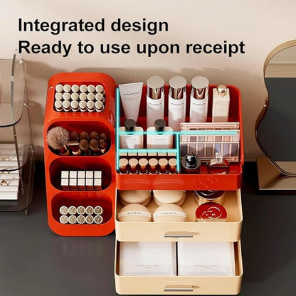 Makeup Organizer with Drawers,Large Capacity Countertop Organizer for Vanity,Bathroom and Bedroom Desk Cosmetics Organizer,Easy To Storage Skincare,Brushes,Lotions (Red and Cream)