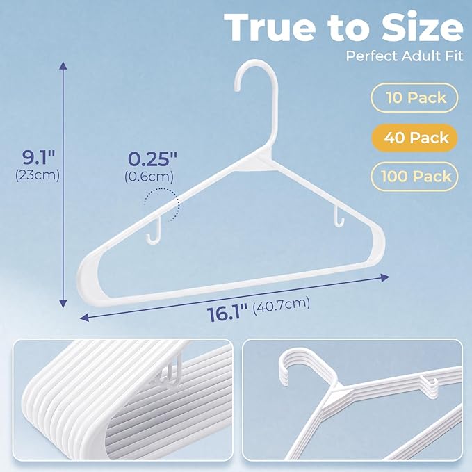 HOUSE DAY White Plastic Hangers 40 Pack, Plastic Clothes Hangers with Built-in Strap Hooks, Space Saving Slim Hanger for Closet Organizers and Storage, Durable Clothing Hanger for Shirts Blouses Tops