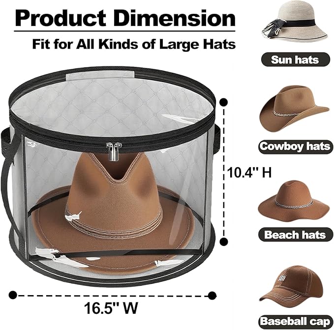 Oversized Clear Hat-Organizer Bag for Travel and Storage, Large Capacity Caps Cowboy Hat-Storage for Closet With Handles, Hat Box Storage for Women & Men (Grey)