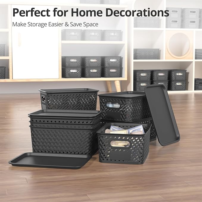 Plastic Storage Bins with Lid, Stackable Small Box Basket for Organizing and Containers for Shelves Drawers Desktop Closet Playroom Pantry Classroom Office Home, 8-pack 10.2x7.2x4.1 Inch, Black
