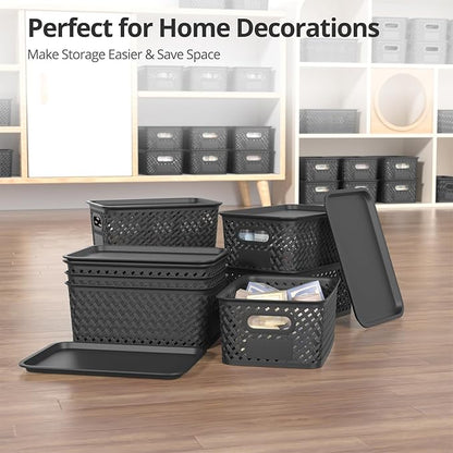 Plastic Storage Bins with Lid, Stackable Small Box Basket for Organizing and Containers for Shelves Drawers Desktop Closet Playroom Pantry Classroom Office Home, 8-pack 10.2x7.2x4.1 Inch, Black