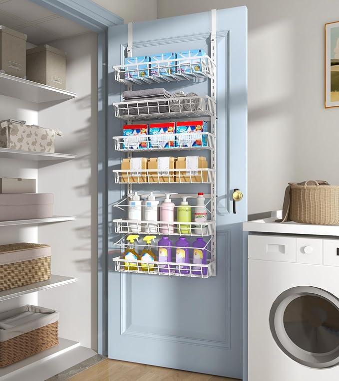 Mefirt Over The Door Pantry Organizer, Wall Mount Spice Rack, Pantry Hanging Storage and Organization, 6 Adjustable Baskets Heavy-Duty Metal for Home & Kitchen, Back of Door Seasoning Rack - White