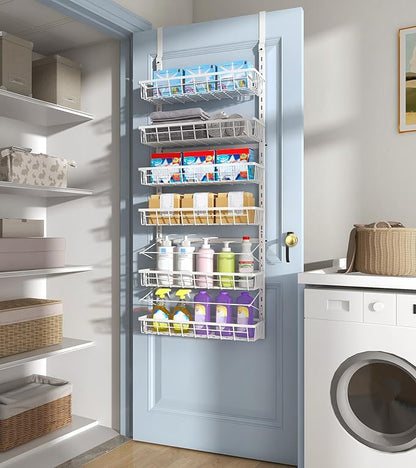 Mefirt Over The Door Pantry Organizer, Wall Mount Spice Rack, Pantry Hanging Storage and Organization, 6 Adjustable Baskets Heavy-Duty Metal for Home & Kitchen, Back of Door Seasoning Rack - White