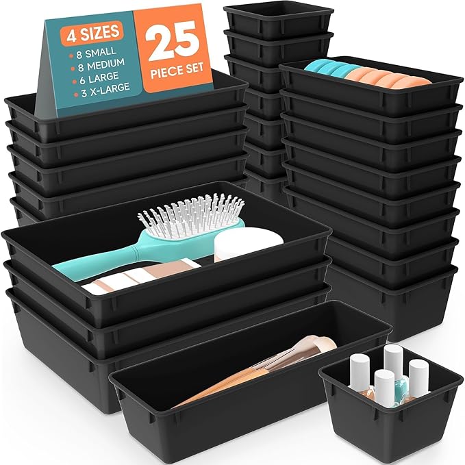 SpaceHacks 25 PCS Plastic Drawer Organizer Set, 4-Size Versatile Organizer Trays & Storage Bins for Makeup, Jewelry, and Gadgets in Bathroom, Bedroom and Office, Black