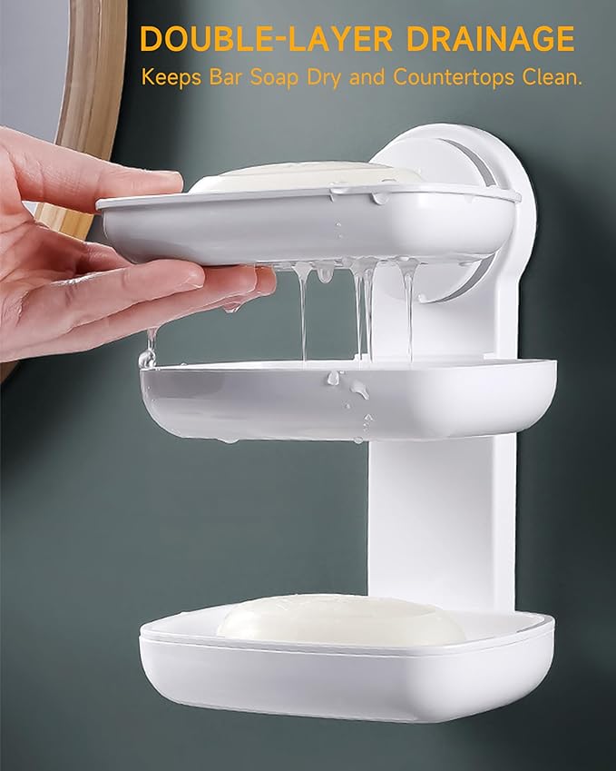 PEISAINOX Bar Soap Holder for Shower Wall, Adhesive Soap Dish NO-Drilling for Shower Bathroom Bathtub Kitchen, Wall Mount Double Tiers Drainage Soap Box Keep Soap Bars Dry (2 Tiers)
