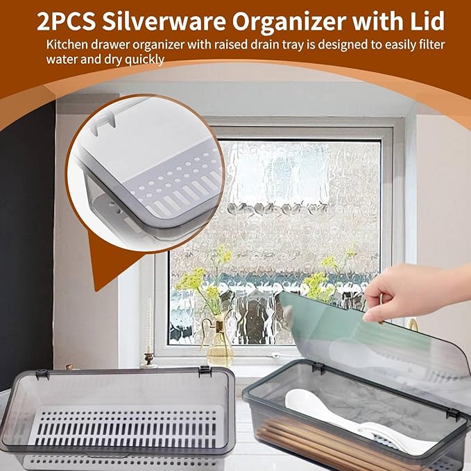 2PCS Silverware Organizer with Lid, Silverware Tray with Drainer Kitchen Cutlery Tray and Utensil Storage Container to Keeps Your Cutlery Organized (Grey)