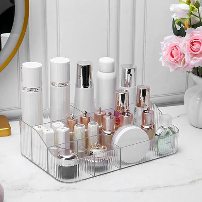 DASITON Large Capacity Makeup Brush Holder, 7 Slot Makeup Brush Cup, Vintage Striped Make Up Brush Holder, Makeup Tray Organizer for Vanity Decor, Bathroom Countertops, Desk Storage Container (Clear)