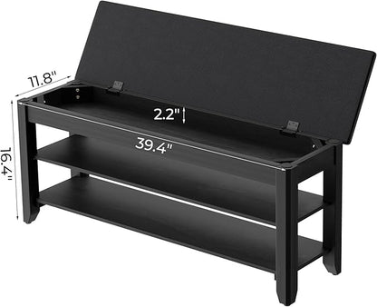 Homleke Shoe Rack Bench with Flip-Top Storage, Solid Wood Entryway Bench with Cushion, Adjustable Shelf, for Hallway, Mudroom, Closet – Black, 39.4"