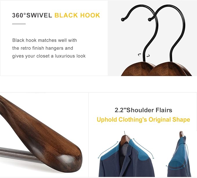 TOPIA HANGER Set of 6 Beautiful Coat Suit Jacket Wood Wooden Hangers, Premium Retro Finish with Extra-Wide Shoulder- 360° Black Hooks & Anti-Slip Bar CT02A