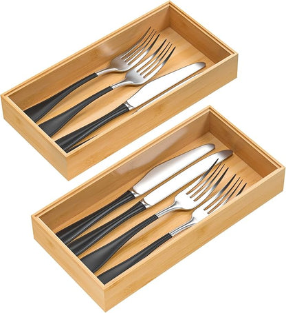 VeyFey Silverware Tray for Drawer, Stackable Kitchen Bamboo Drawer Organizer 12" x 6" x 2" Set of 2