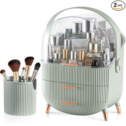 CANITORON Makeup Organizer with 2 Drawers and Brush Storage Box, Cosmetic Display Case for Vanity and Bathroom Countertop Storage (Sage Green)