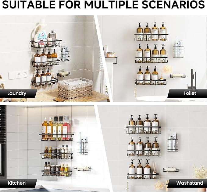 Shower Caddy, 5 Pack Shower Shelves for Inside Bathroom, Rustproof Adhesive Bathroom Organizer with Soap Holder, No Drilling Washroom Organizers and Storage for Bathtub Room/Kitchen/Home, Black