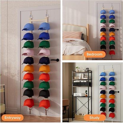 Hat Rack for Door, Adjustable Hat Organizer for Baseball Caps with 2 Straps & 20 Clips Holds 40 Caps, No-Drill Over-the-Door Hat Rack, Hat Storage for Bedroom Closet, Entryway, Home,Beige