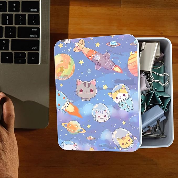 Metal Tin Box Sturdy Metal Storage Box with Lid, Large Container Holder for TCG Cards,Car Keys,Cookies,Tin Containers for Gift,5.0x3.7x1.6 Inch,Exquisite Pattern Design(Cartoon Cat)
