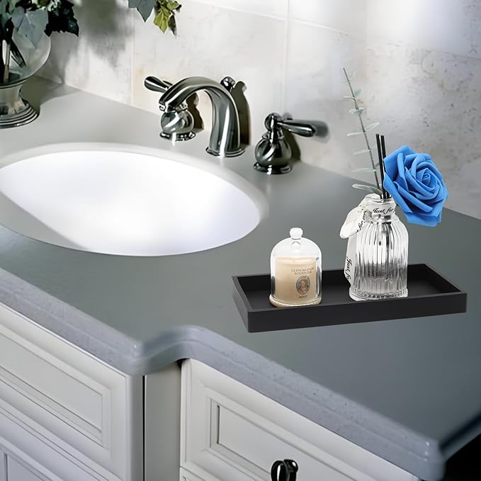 8 Inch Black Bathroom Tray for Counter Silicone Vanity Perfume Soap Dispenser Decorative Tray