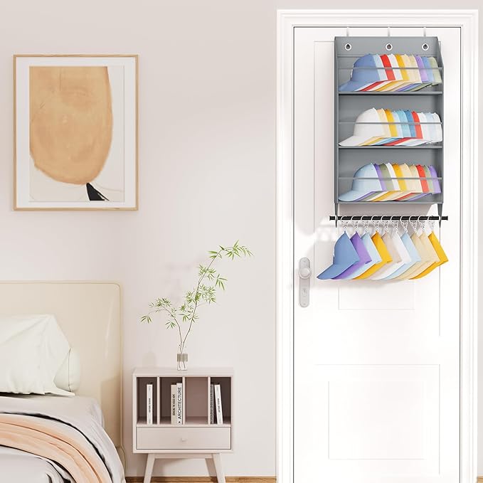 Homsorout Over the Door Hat Rack - 3-Layer Design Hat Organizer Holds 30-36 Hats with 10 Hooks, Ideal Hat Rack for Door, Over the Door Organizer for Closet, Apartment, Bedroom, Dorm, 2 Pack, Grey