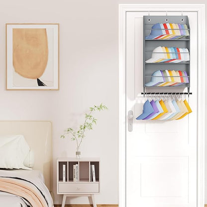 Homsorout Over the Door Hat Rack - 3-Layer Design Hat Organizer Holds 30-36 Hats with 10 Hooks, Ideal Hat Rack for Door, Over the Door Organizer for Closet, Apartment, Bedroom, Dorm, 2 Pack, Grey