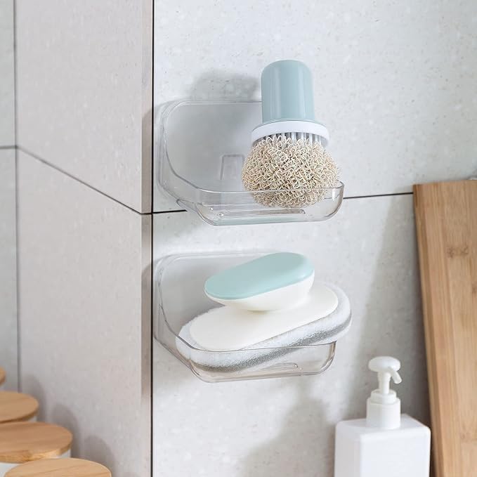 Ettori Soap Dish 2 Pack Soap Holder Plastic Adhesive Soap Holder for Shower Wall, Bathroom, Tub and Kitchen Sink, Drill- Free and Clear