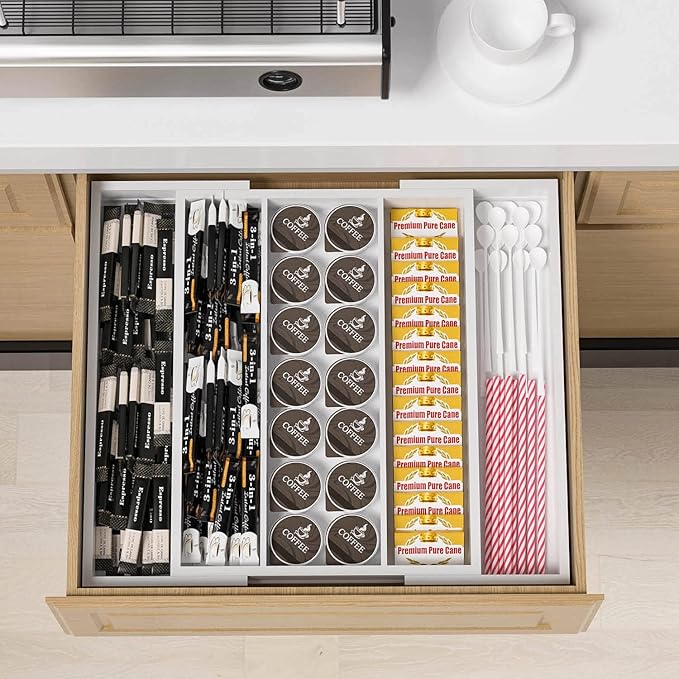 Utensil Organizer for Kitchen Drawers - Bamboo Silverware Tray Expandable 5 Slots Drawer Organizer for Office and Pantry Supplies W13.7-19.9" x L17.6 X H2.5 (White)