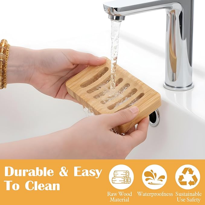 2 Pack Wood Soap Dish for Shower, Waterproof Natural Wooden Bar Soap Holder, Self Draining Sturdy Soaps Saver for Bathroom, Kitchen, Shower, Sink, Bathtub