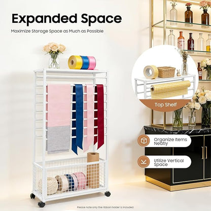 Ribbon Organizer Rack, Double-Sided 16 Tier Ribbon Storage Holder, Floral Wrapping Paper Spool Stand Racks for Craft Room, Scarf Tie Belt Towel Display Shelf Sewing Station Cart, White, 31.5in Wide