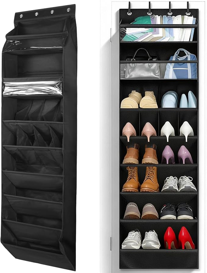 Over the Door Shoe Organizer, 1 Pack 8 Shelves Over The Door Shoe Organizer, 68" Exlarge Deep Pockets Hanging Shoe Organizer, Shoe Holder for Boots,Over Door Organizer in Home, RV, Dorm, Black