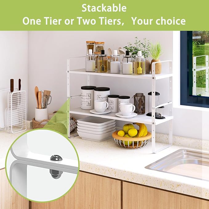 Across-Star Expandable Cabinet Shelf Organizer Rack, Stackable Kitchen Counter Storage Shelves Stand, Adjustable Height Pantry Shelf Spice Rack