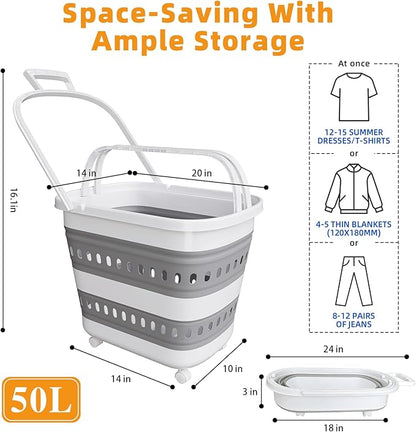 50L Collapsible Plastic Laundry Basket Hamper with Wheels, Foldable Laundry Basket with Handles, Pop Up Storage Container Organizer for Washing Storage
