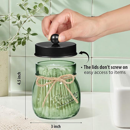 SheeChung Green Glass Qtip Holder Dispenser, Mason Jar Apothecary Jars with Lids, Bathroom Organizers and Storage, Vanity Countertop Canisters Set for Cotton Swab, Ball, Pad, Floss Pick-Black, 1Pc