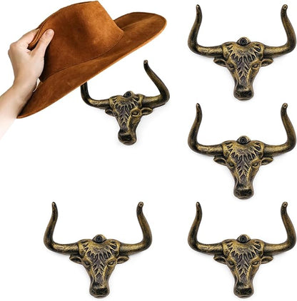 Cowboy Hat Rack 4 Pack Cast Iron Cowboy Hat Holder Cowgirl Hat Hanger Western Wall Decor Longhorn Decorative Wall Hooks for Storage and Organization at Closet Bedroom Antique Gold