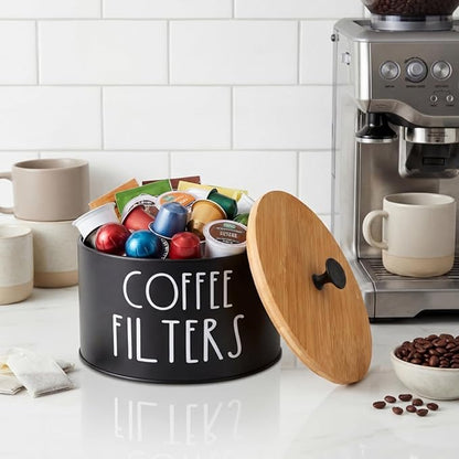 Coffee Filter Holder, Large Capacity Coffee Filter Storage Container with Bamboo Lid, Metal Coffee Filter Dispenser Pod Organizer Basket Accessory for Bar Counter Decor