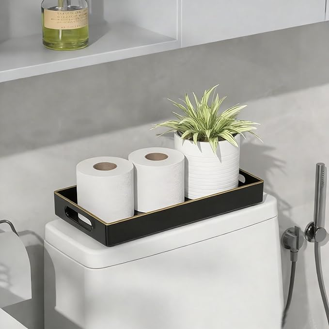 Black Bathroom Vanity Tray for Countertop,Small Rectangular Plastic Tray for Toilet Tank,Multi-Purpose Bathroom Organizer for Makeup,Perfumes,Jewelry,Candles & Keys