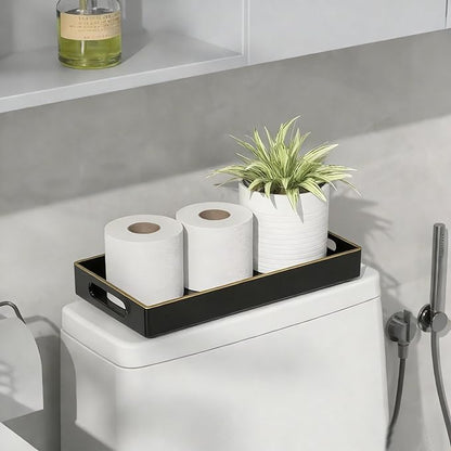 Black Bathroom Vanity Tray for Countertop,Small Rectangular Plastic Tray for Toilet Tank,Multi-Purpose Bathroom Organizer for Makeup,Perfumes,Jewelry,Candles & Keys