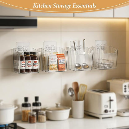 8 Pcs Plastic Cabinet Door Organizer, Adhesive Clear Wall Mount Storage Bins, Acrylic Cabinet Door Storage Baskets, Organizers Hanging Holder Shower Caddy for Bathroom Kitchen Makeup Pantry