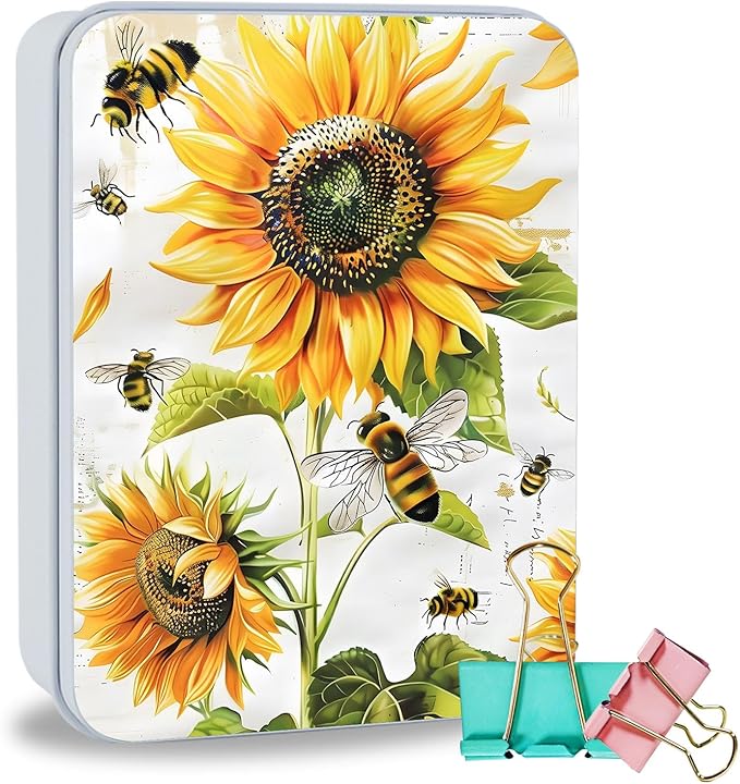 Metal Tin Box Sturdy Metal Storage Box with Lid, Large Container Holder for TCG Cards,Car Keys,Cookies,Tin Containers for Gift,5.0x3.7x1.6 Inch,Exquisite Pattern Design(Bee Sunflowers)