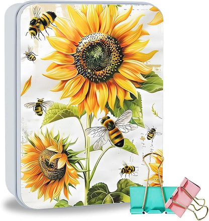 Metal Tin Box Sturdy Metal Storage Box with Lid, Large Container Holder for TCG Cards,Car Keys,Cookies,Tin Containers for Gift,5.0x3.7x1.6 Inch,Exquisite Pattern Design(Bee Sunflowers)