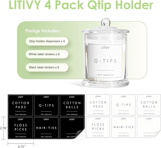 LITIVY 4 Pack Bathroom Organizers and Storage - 16 Oz Glass Qtip Holder & Cotton Pad Dispenser with Lid, Apothecary Jars for Home, Room Decor, Kitchen Organizer (Clear)