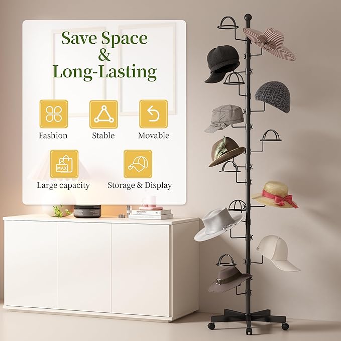 Hat Rack with 15 Circular Hooks Floor Hat Stand Freestanding Hats Rack Stand Adjustable Metal Hats Tree Organizer Rack Display Standing Suitable for Home Store Commercial, Black
