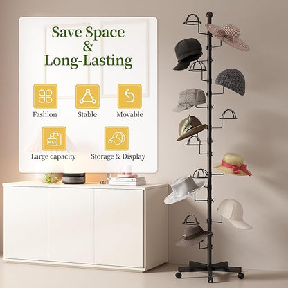 Hat Rack with 15 Circular Hooks Floor Hat Stand Freestanding Hats Rack Stand Adjustable Metal Hats Tree Organizer Rack Display Standing Suitable for Home Store Commercial, Black