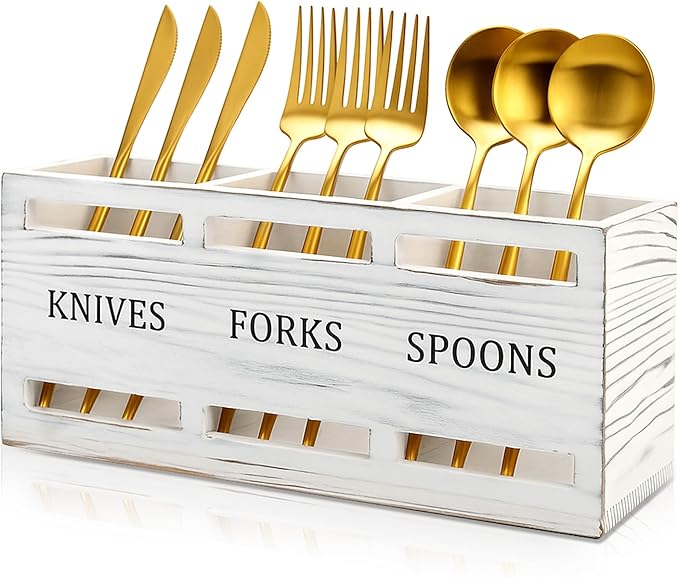 Farmhouse Wooden Utensil Caddy Party Cutlery Silverware Holder Small Wood Utensil Holder for Kitchen Counter Decor Flatware Cutlery Organizer Table Flatware Silverware Caddy Spoon and Fork Organizer